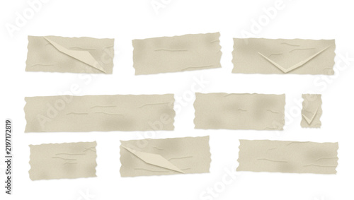 Set of beige masking paper tape strips with torn edges isolated on transparent background