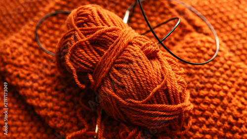 Orange Wool Yarn with Circular Knitting Needle on Knit Fabric