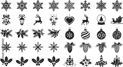 Christmas vector elements set, holiday icons collection, winter snowflakes, ornaments, reindeer, pine cone linear doodle clip art isolated on white backgroundPrint