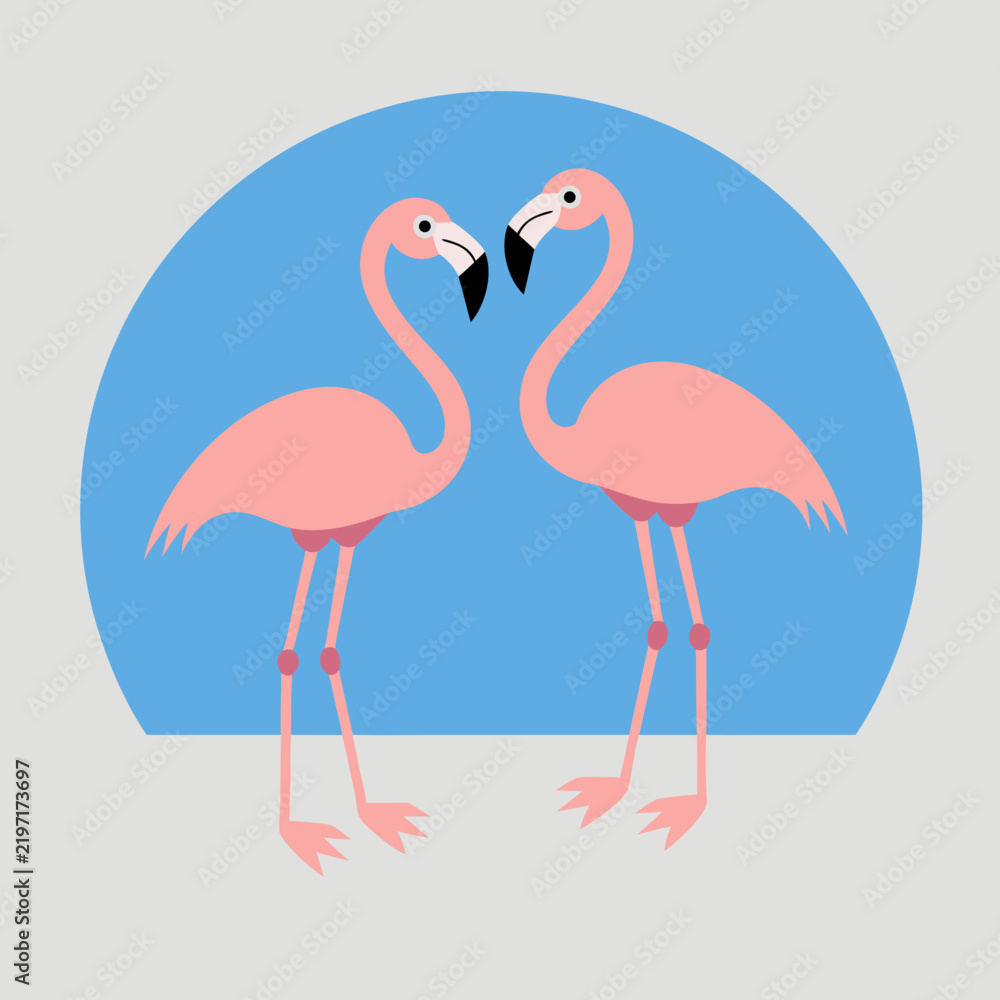 Obraz premium Two Flamingos in a Circular Design. Minimalist Vector Illustration of Pink Birds Standing Close Together, Stylized Graphic.