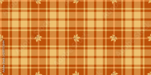 Seamless pattern orange and yellow tartan plaid with leaves. Autumn vector illustration