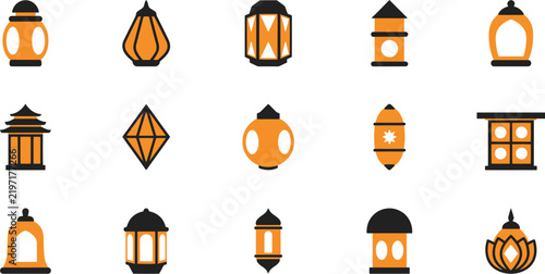 Collection of stylized pagoda and lantern vector illustrations on a white background