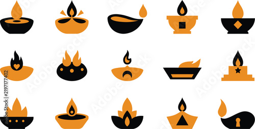 Collection of oil lamps with flames a vector illustration on white background