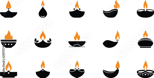 Collection of black silhouette oil lamps with orange flames on a white background