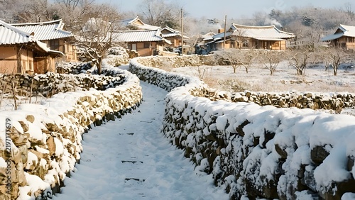 하얗게 눈이 쌓인 고즈넉한 한국 전통 한옥 마을의 돌담길과 겨울 풍경,
Traditional Korean hanok village pathway with stone walls covered in fresh white winter snow.