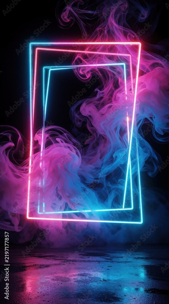 Obraz premium Abstract neon frame glows with pink, blue light in dark smoky room. Rectangular glowing border floats among colorful clouds of smoke. Cyberpunk aesthetic background with vibrant vapor, futuristic