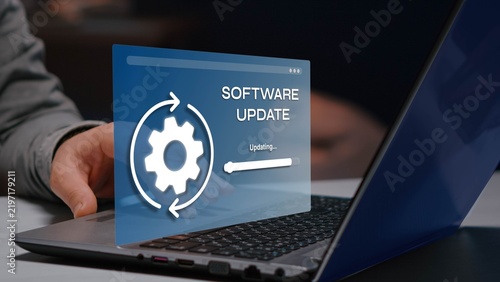Obraz na płótnie Software update, mouse cursor clicking on update, digital skills improvement, competitive advantage, continuous learning 