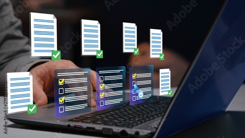 Fototapeta Artificial intelligence, check electronic documents on digital documents on virtual screen Document Management System 