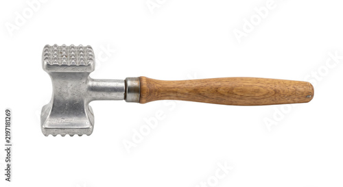 Foto Sturdy metal meat tenderizer with a textured head and a light brown wooden handl