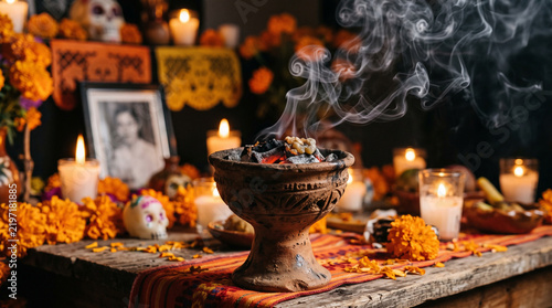 Incense burning on altar for Day of the Dead celebration  