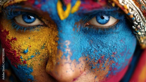 Close up of face covered with colorful holi powder. Person with intense blue eyes staring at camera during festival of colors. Indian cultural tradition