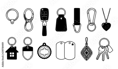 Fotografie Keychain Outline Icons, Black and White Keyring Fob and Charm Vector Clipart Set