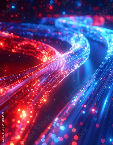 Abstract background with glowing red and blue fiber optic light trails.