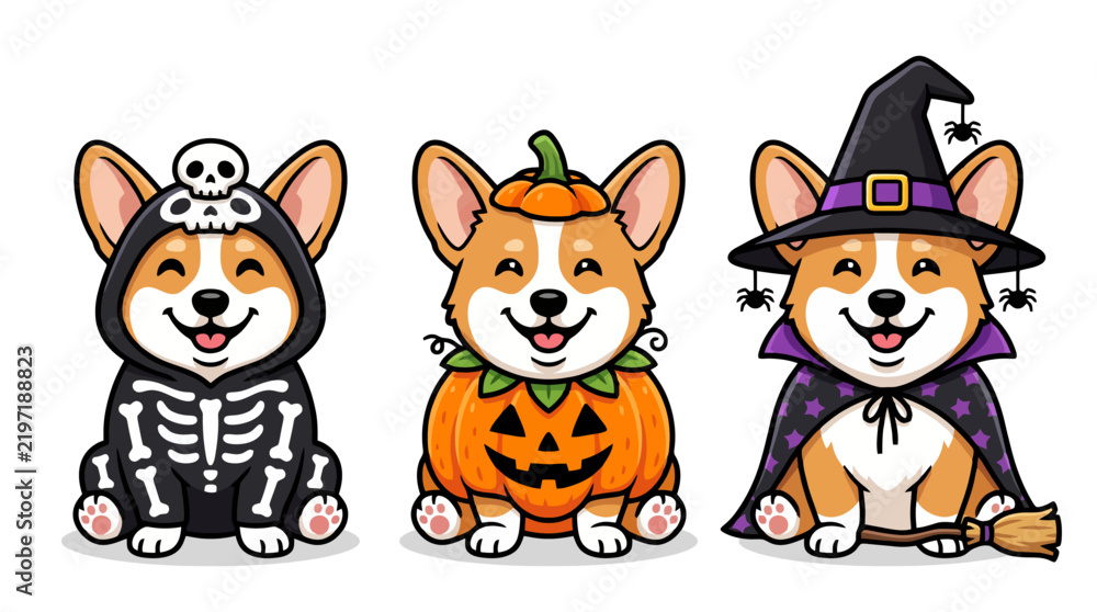 Obraz premium Cute corgi dogs wearing Halloween costumes in a flat vector illustration