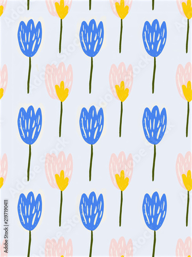 Seamless floral pattern blue flower pink flower yellow petal cute spring design