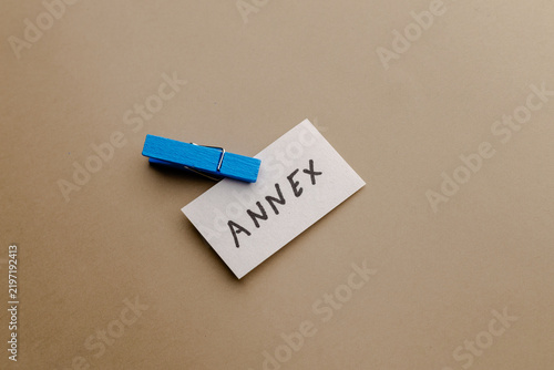 A small white note with the handwritten word annex held by a bright blue wooden clothespin on a plain neutral background for business use