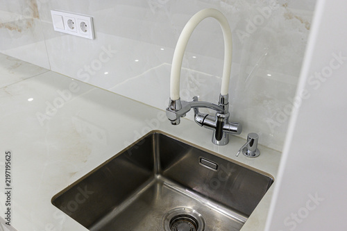 Принти на полотні Stainless steel undermount sink with faucet, white flexible spout, chrome fittin