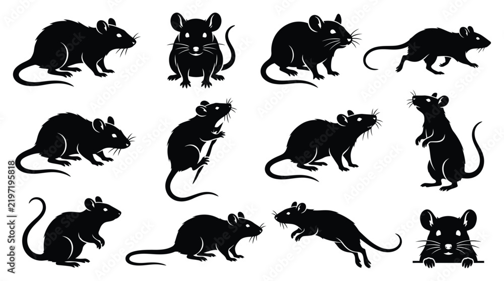 Obraz premium A detailed halloween vector bundle featuring various black rat silhouettes in different poses perfect for spooky holiday design project decorations