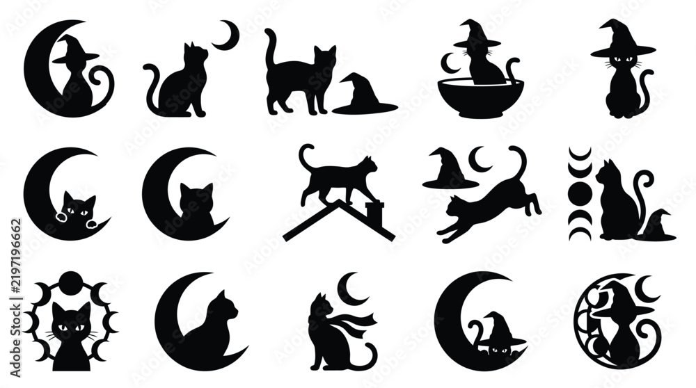 Obraz premium A comprehensive halloween vector bundle featuring various black cat silhouettes with moons witch hats and mystical elements for seasonal graphic design