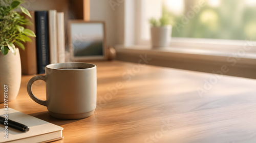Ceramic Coffee Mug on Wooden Table in Warm Morning Light