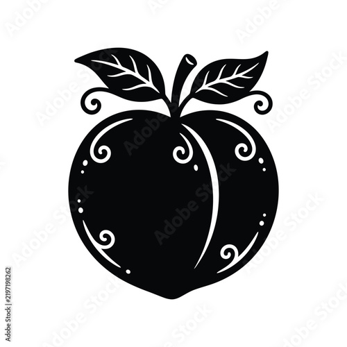 Stylized Black Silhouette of a Decorative Peach Fruit.
