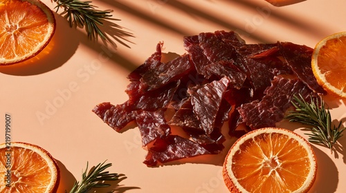 Delicious jerky arranged against a soft peach-colored background with delicate shadows, paired with dried orange slices and tiny rosemary branches, warm contemporary palette