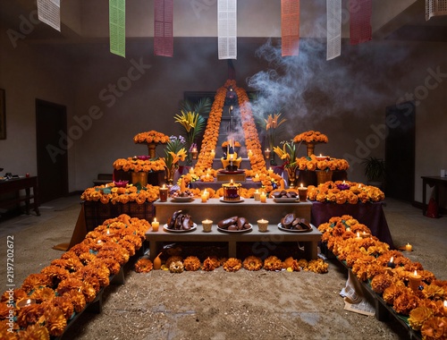 Grand marigold altar with tiered offerings in ceremonial hall