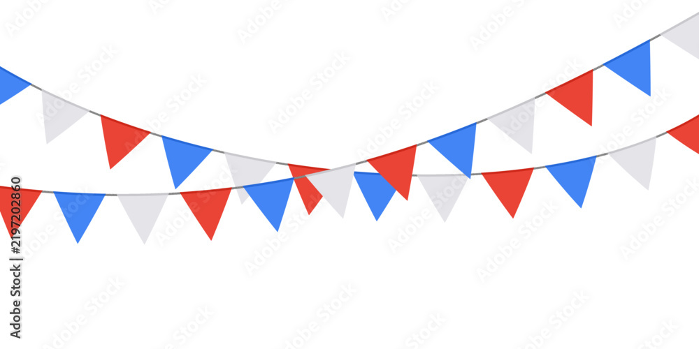 Fototapeta premium Colorful French festive pennant garland with triangular flag creating cheerful party atmosphere vector illustration background. Bright birthday bunting banners for celebration decor.