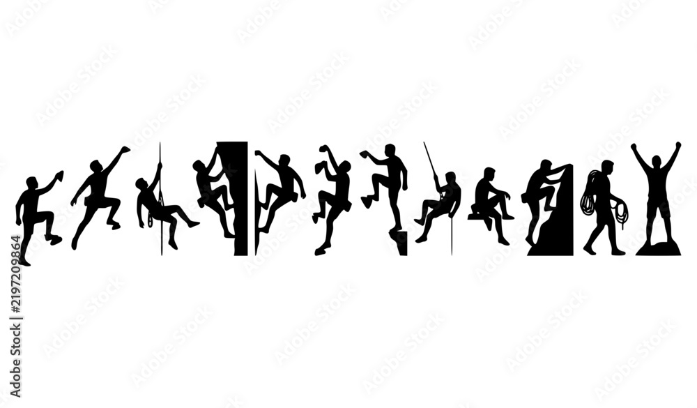 Obraz premium Dynamic Rock Climber Side Silhouettes Outdoor Adventure Vector Set