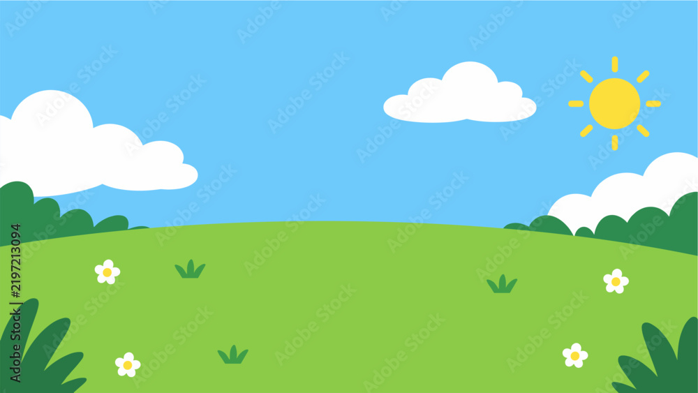 Obraz premium Cartoon green field landscape background with sun clouds and flowers