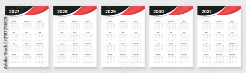 Calendar set for 2027, 2028, 2029, 2030, 2031 years. Simple editable vertical wall calendar template. Printable vector illustration set. Week starts on Sunday.