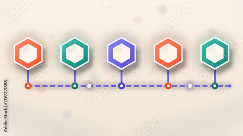 An animated infographic timeline features five colorful hexagon nodes connected by a dotted path on a clean background.