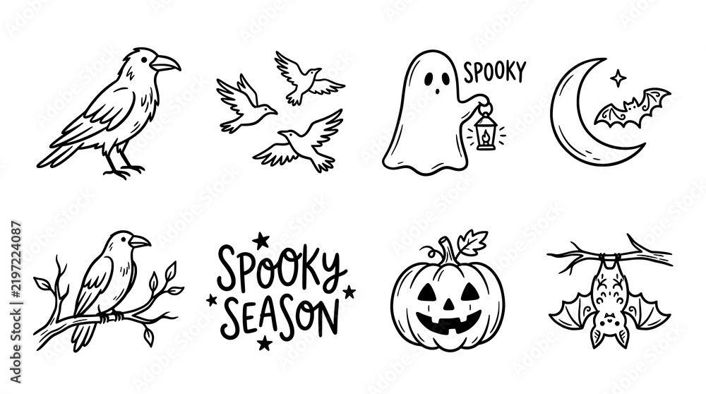 Obraz premium Minimalist Hand Drawn Halloween Raven Doodles SVG Bundle