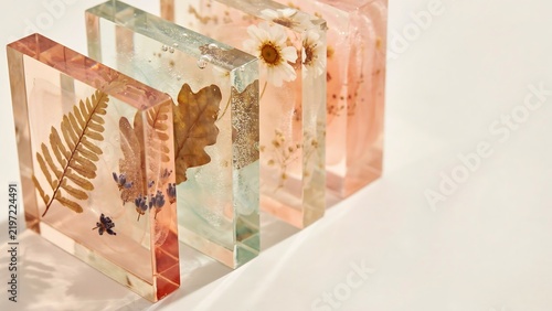 Beautifully Preserved Flowers Ferns and Leaves Encased in Clear Transparent Resin Blocks Showcasing Natural Beauty