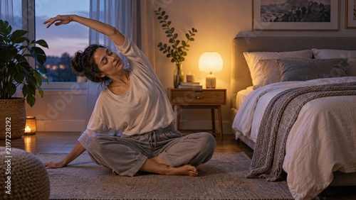 Woman stretching while seated on the floor in a cozy bedroom beside a warmly lit bed and bedside lamp.