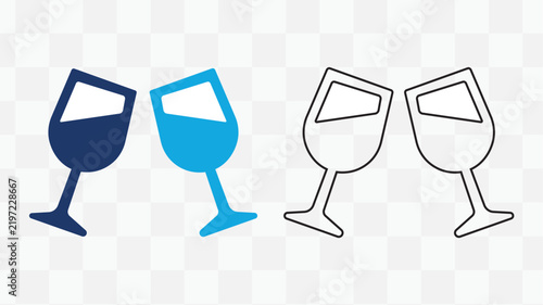 Minimalist wine glass toast icons, blue clinking wine glasses vector set, modern beverage celebration symbols for party and event design isolated on Transparent Background