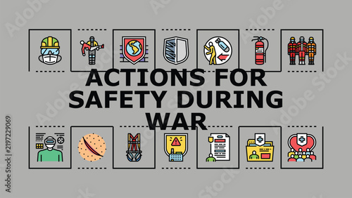 Konstfotografi Actions for safety during war banner infographic
