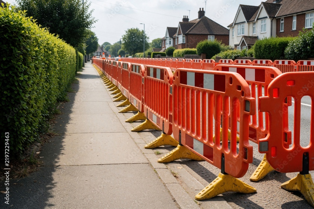 Obraz premium Orange plastic safety barriers line sidewalk near roadwork site. Construction fences separate pedestrian pavement from street in residential area. Suburban houses, green hedge in background. Traffic