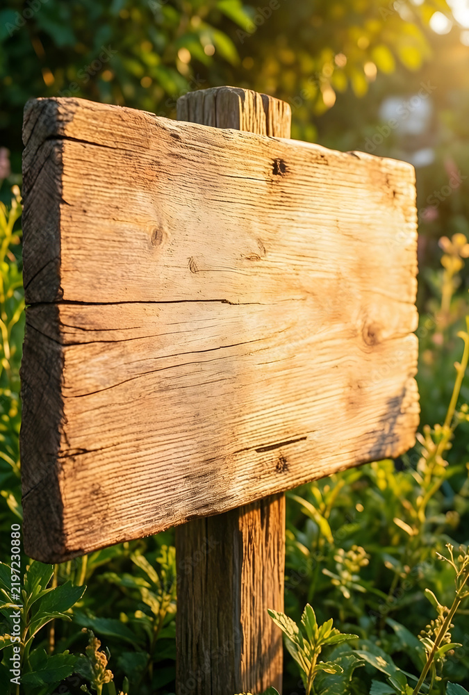 Obraz premium Direction and guidance concept, blank wooden signpost in a sunny garden for custom message, rustic nature background with warm golden hour sunlight