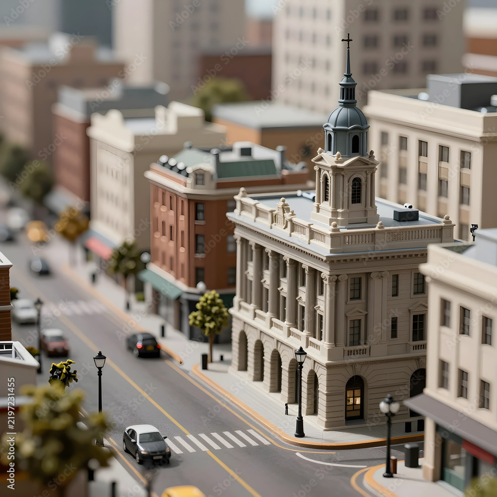 Fototapeta premium Urban planning and city development, miniature model of a historic town center with streets and buildings for architectural design and real estate