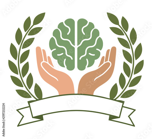 Human hands holding a green brain icon inside a decorative laurel wreath floral vector illustration