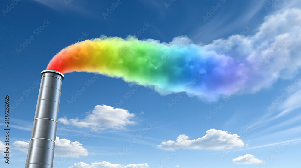 Obraz premium Colored smoke plume from smokestack against blue sky rainbow smoke stream industrial emission air pollution climate change factory stack steel chimney vapor cloud blue sky cloud