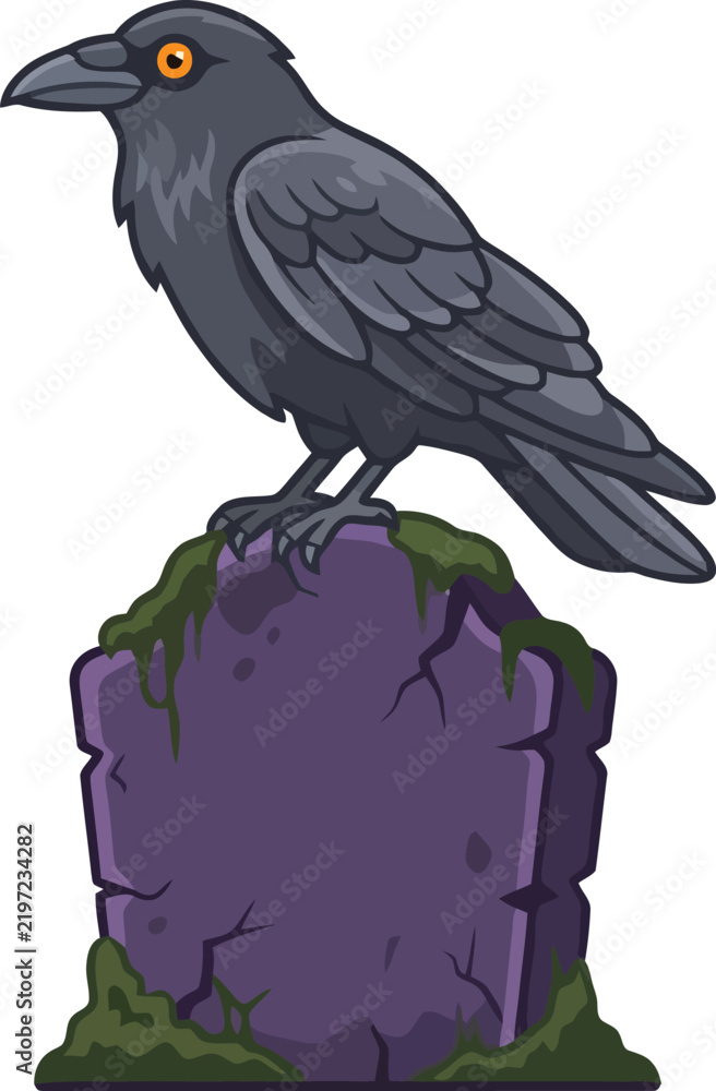 Obraz premium A cartoon crow perched on a weathered mossy tombstone.