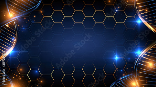 Gold hexagon pattern blue background dna spiral abstract science molecular structure futuristic design glowing light dark navy gold accent
