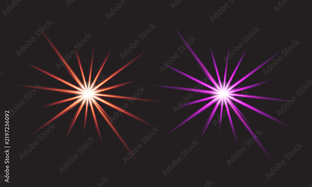 Fototapeta premium Two glowing star shapes featuring a vibrant colorful light effect on dark background