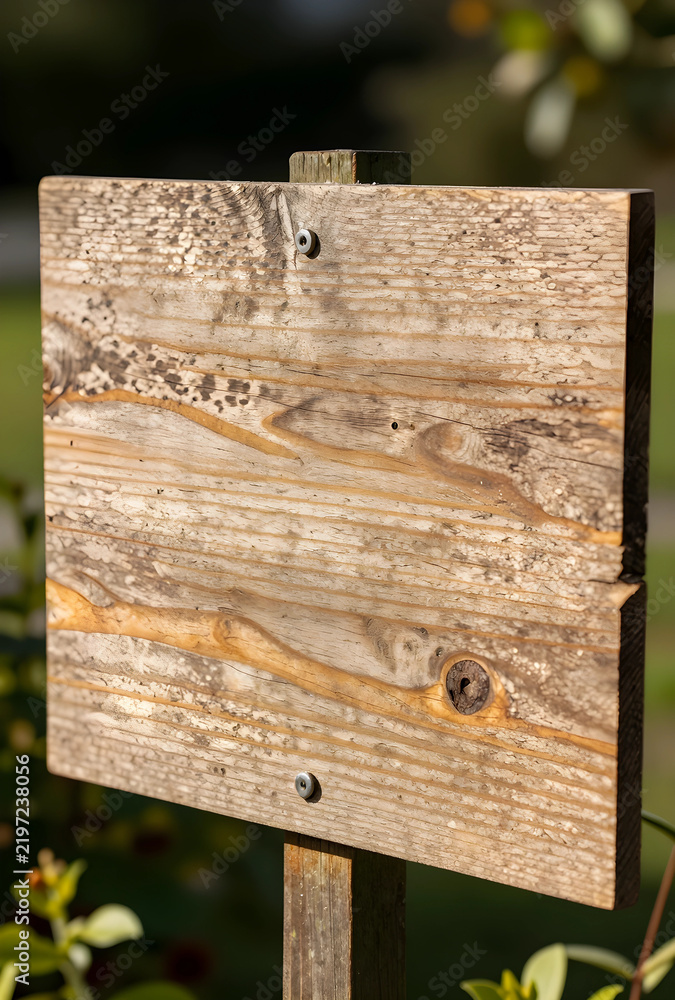 Obraz premium Blank wooden sign for custom message, rustic garden signage and information board for outdoor park navigation or nature trail direction and announcement
