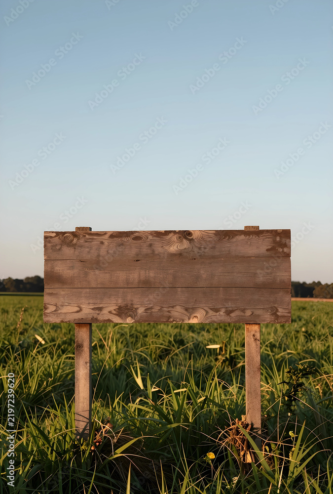 Obraz premium Advertising space and marketing mockup, empty wooden sign in a rural field for outdoor branding and communication strategy with copy space at sunset