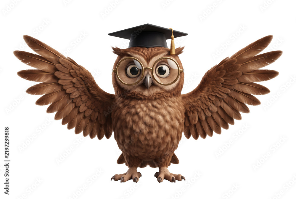 Obraz premium Wise owl figurine wearing graduation cap on transparent background, carved brown owl character with spread wings and scholar mortarboard. Academic symbol creates prestigious honors design banner.