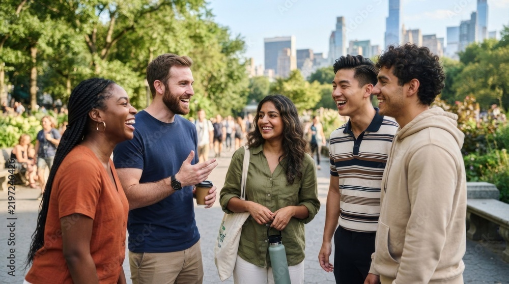 Obraz premium A group of five friends, two men and three women, are standing in a park, engaged in conversation.