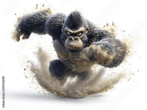 Fierce Gorilla Charging Forward Through Dust and Debris in Motion